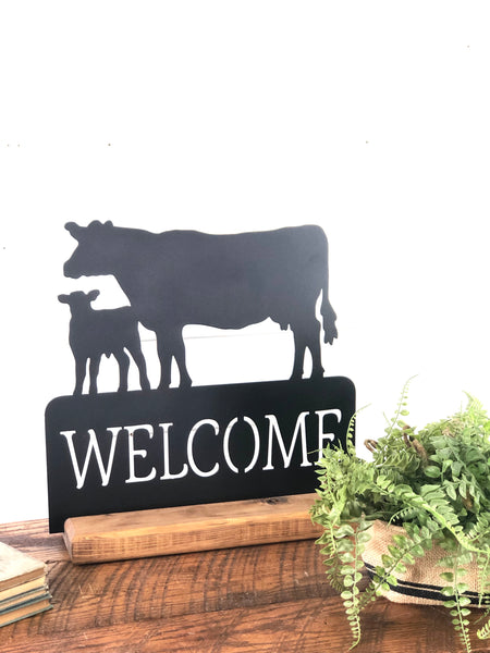 Cow Calf Pair Welcome Metal Sign